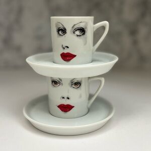 Mid-Century Modern Espresso Cups | Foxy Lady Faces with Red Lips | Made in Japan